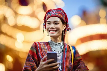 A stylish woman beside vibrant slot machines displaying glowing sevens, showcasing the variety of top slots at OKTA.