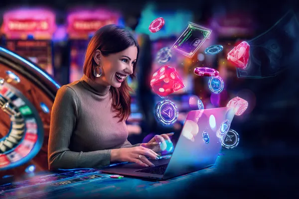 OKTA Games — Explore our rich library of casino classics A woman smiling while playing online games on her laptop, surrounded by neon casino elements, showcasing OKTA’s diverse game collection.