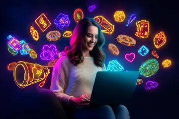 A man celebrating a winning moment on his laptop while gaming symbols float around him, capturing the excitement of OKTA games.